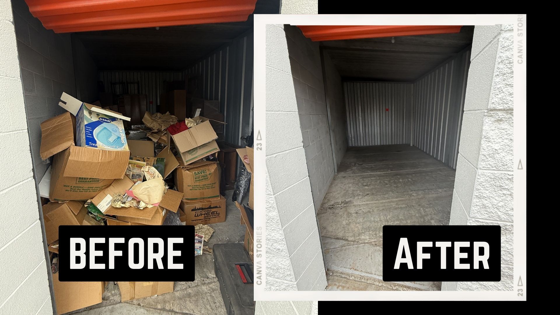 Before and after of a storage unit cleanout.