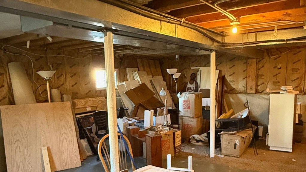 Cluttered basement filled with furniture, boxes, and dim lighting.
