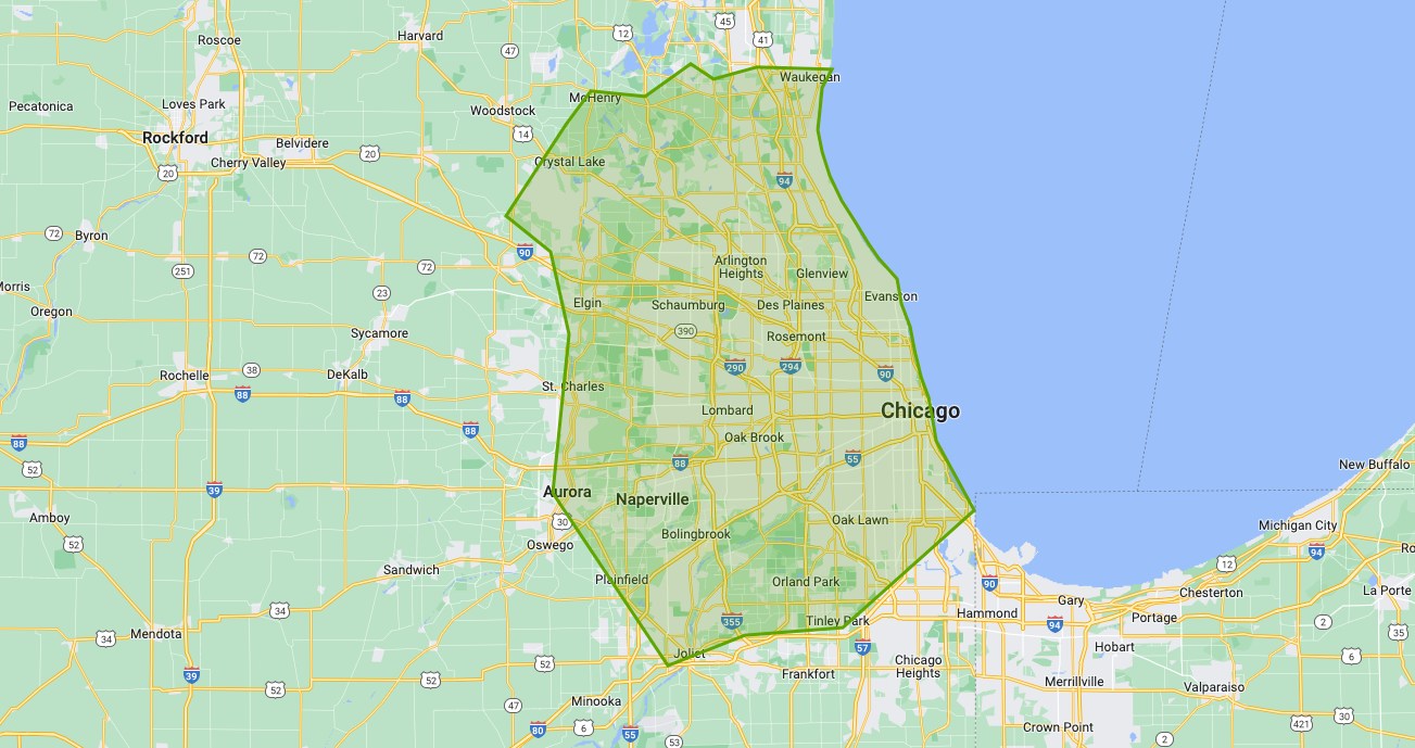 Map of the Junk Jaws junk removal service area across Chicago and the western suburbs