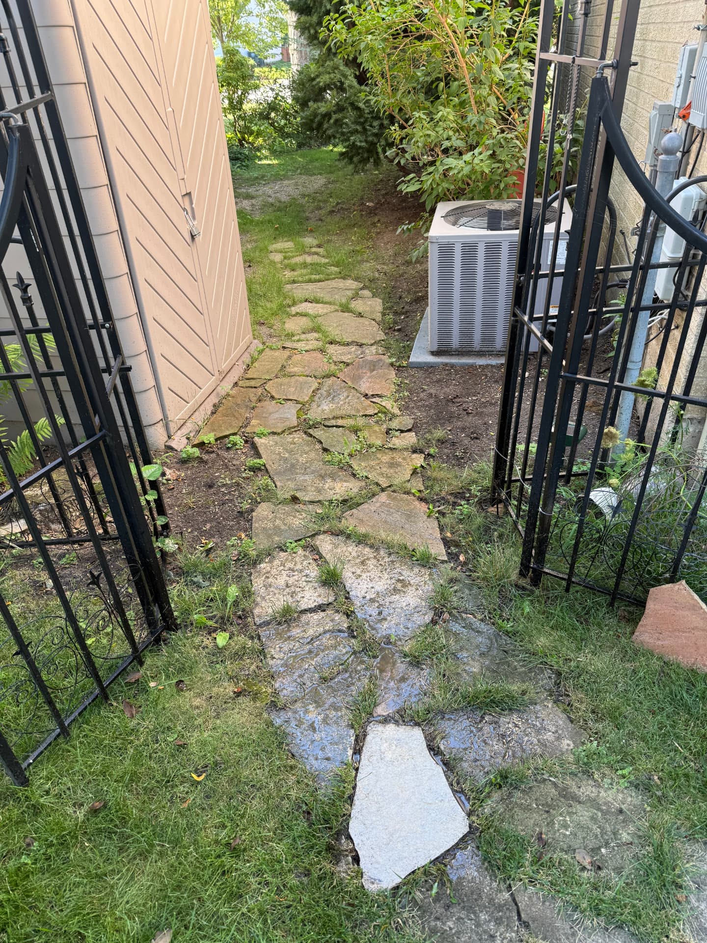 A stone walkway with dirt, moss, and growth between the stones.